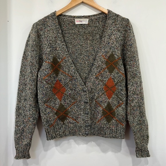 One Step Ahead Wool Knitted Cardigan V Neck Grey Green Orange M - Picture 1 of 10
